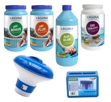 I.Základný set na bezchlórové ošetrenie vody (OXI tablety, pH-, pH+, Algicid ALG Blue 1l, tester, plavák)